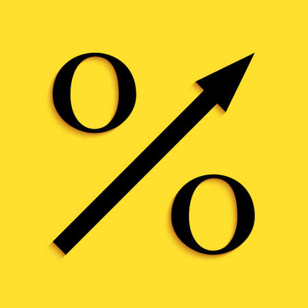 Black Percent up arrow icon isolated on yellow background. Increasing percentage sign. Long shadow style. Vectorのイラスト素材