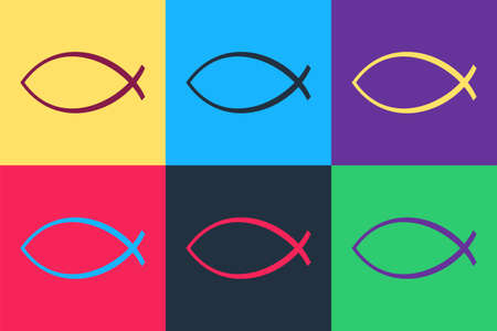 Pop art Christian fish symbol icon isolated on color background. Jesus fish symbol. Vectorのイラスト素材