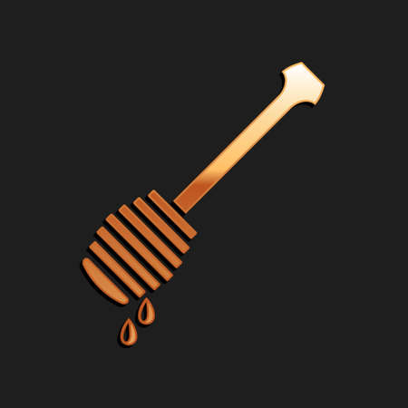 Gold Honey dipper stick with dripping honey icon isolated on black background. Honey ladle. Long shadow style. Vectorのイラスト素材