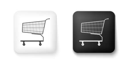 Black and white Shopping cart icon isolated on white background. Online buying concept. Delivery service sign. Supermarket basket symbol. Square button. Vectorのイラスト素材