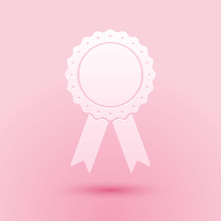 Paper cut Medal badge with ribbons icon isolated on pink background. Paper art style. Vectorのイラスト素材