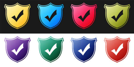 Set Shield with check mark icon isolated on black and white background. Vectorのイラスト素材