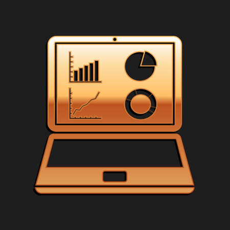 Gold Laptop with graph chart icon isolated on black background. Report text file icon. Accounting sign. Audit, analysis, planning. Long shadow style. Vectorのイラスト素材