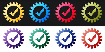 Set Gear with check mark icon isolated on black and white background. Cogwheel simple icon. Approved service sign. Transmission Rotation Mechanism symbol. Vectorのイラスト素材