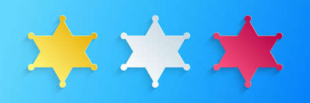 Paper cut Hexagram sheriff icon isolated on blue background. Police badge icon. Paper art style. Vectorのイラスト素材