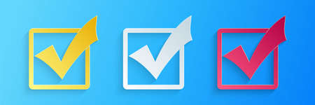 Paper cut Check mark in a box icon isolated on blue background. Tick symbol. Check list button sign....