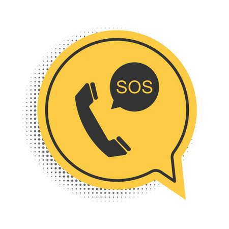 Black SOS call icon isolated on white background. 911, emergency, help, warning, alarm. Yellow speech bubble symbol. Vectorのイラスト素材