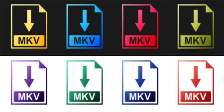 Set MKV file document icon. Download MKV button icon isolated on black and white background. Vectorのイラスト素材