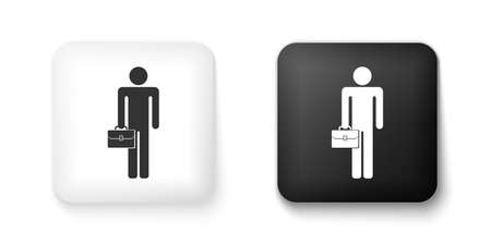 Black and white Businessman man with briefcase icon isolated on white background. Square button. Vectorのイラスト素材