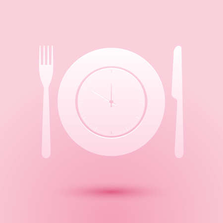 Paper cut Plate with clock, fork and knife icon isolated on pink background. Lunch time. Eating,...