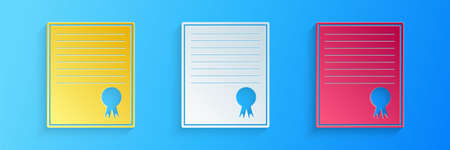 Paper cut Certificate template icon isolated on blue background. Achievement, award, degree, grant, diploma concepts. Business success certificate. Paper art style. Vectorのイラスト素材