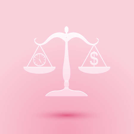 Paper cut Scale weighing money and time icon isolated on pink background. Scales with hours and a coin. Balance between work and the given time. Paper art style. Vectorのイラスト素材
