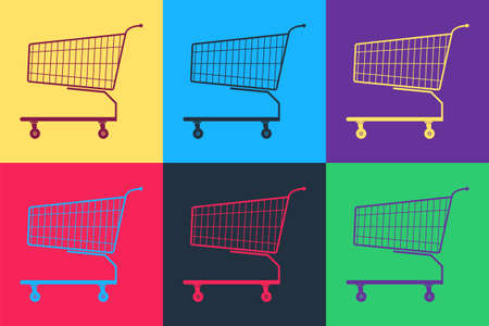 Pop art Shopping cart icon isolated on color background. Online buying concept. Delivery service...