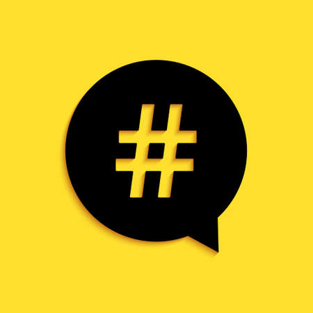 Black Hashtag in circle icon isolated on yellow background. Social media symbol, concept of number...
