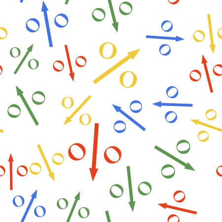 Color Percent down arrow icon isolated seamless pattern on white background. Decreasing percentage...