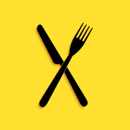 Black Crossed fork and knife icon isolated on yellow background. Restaurant icon. Long shadow style. Vectorのイラスト素材