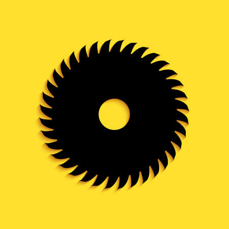 Black Circular saw blade icon isolated on yellow background. Saw wheel. Long shadow style. Vectorのイラスト素材