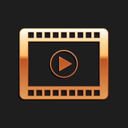 Gold Play Video icon isolated on black background. Film strip with play sign. Long shadow style. Vectorのイラスト素材