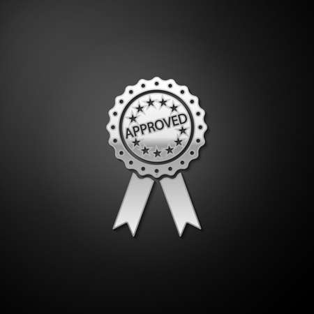 Silver Approved or certified medal badge with ribbons icon isolated on black background. Approved seal stamp sign. Long shadow style. Vectorのイラスト素材