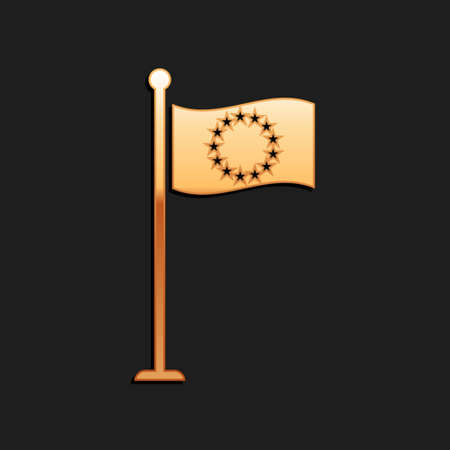 Gold Flag of European Union icon isolated on black background. EU circle symbol. Waving EU flag on a metallic pole. Long shadow style. Vectorのイラスト素材