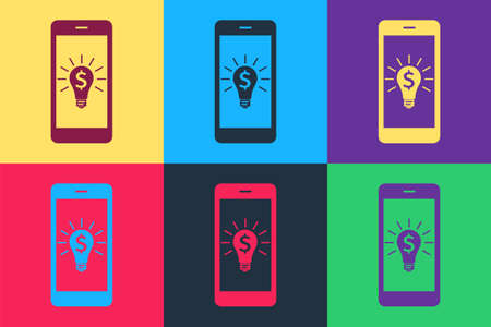 Pop art Business light bulb with dollar on smartphone screen icon isolated on color background. User touch screen. Vectorのイラスト素材