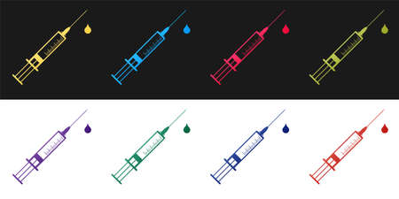 Set Medical syringe with needle and drop icon isolated on black and white background. Syringe sign for vaccine, vaccination, injection, flu shot. Vectorのイラスト素材