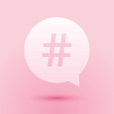 Paper cut Hashtag in circle icon isolated on pink background. Social media symbol, concept of number...