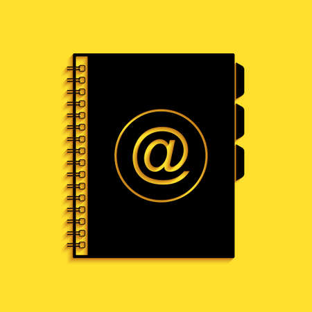 Black Address book icon isolated on yellow background. Notebook, address, contact, directory, phone, telephone book icon. Long shadow style. Vectorのイラスト素材