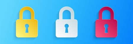 Paper cut Lock icon isolated on blue background. Padlock sign. Security, safety, protection, privacy concept. Paper art style. Vectorのイラスト素材