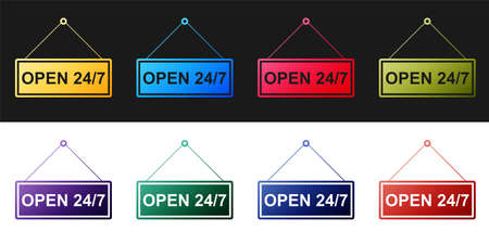 Set Hanging sign with text Open 24-7 hours icon isolated on black and white background. Business theme for cafe or restaurant, club and bar. Vectorのイラスト素材