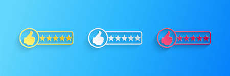 Paper cut Consumer or customer product rating icon isolated on blue background. Paper art style....