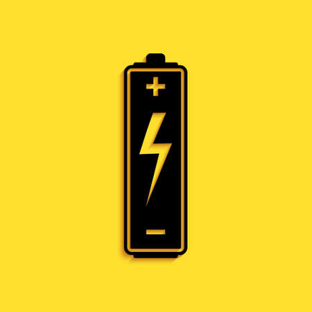 Black Battery icon isolated on yellow background. Lightning bolt symbol. Long shadow style. Vectorのイラスト素材