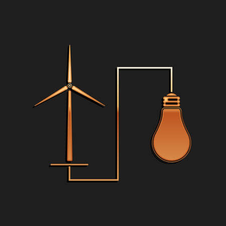 Gold Wind mill turbine generating power energy and bulb icon isolated on black background. Natural renewable energy production using wind mills. Long shadow style. Vectorのイラスト素材