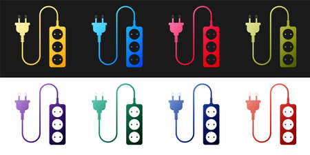 Set Electric extension cord icon isolated on black and white background. Power plug socket. Vector