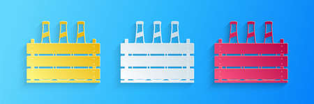 Paper cut Pack of beer bottles icon isolated on blue background. Wooden box and beer bottles. Case crate beer box sign. Paper art style. Vectorのイラスト素材