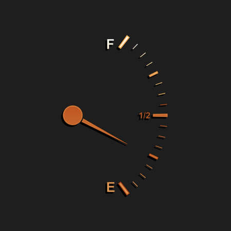 Gold Motor gas gauge icon isolated on black background. Empty fuel meter. Full tank indication. Long shadow style. Vectorのイラスト素材