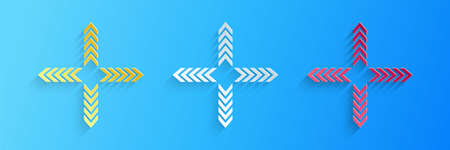 Paper cut Arrows in four directions icon isolated on blue background. Paper art style. Vector