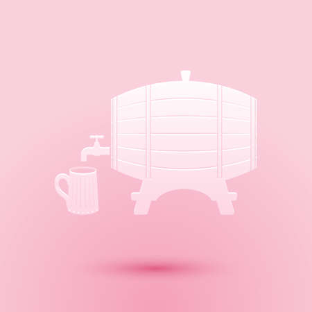 Paper cut Wooden barrel on rack with stopcock and wooden beer mug icon isolated on pink background. Paper art style. Vectorのイラスト素材