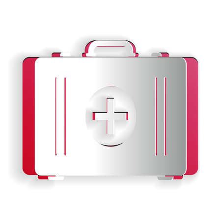 Paper cut First aid kit icon isolated on white background. Medical box with cross. Medical equipment for emergency. Healthcare concept. Paper art style. Vectorのイラスト素材