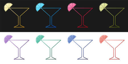 Set Martini glass icon isolated on black and white background. Cocktail with lime symbol. Vectorのイラスト素材