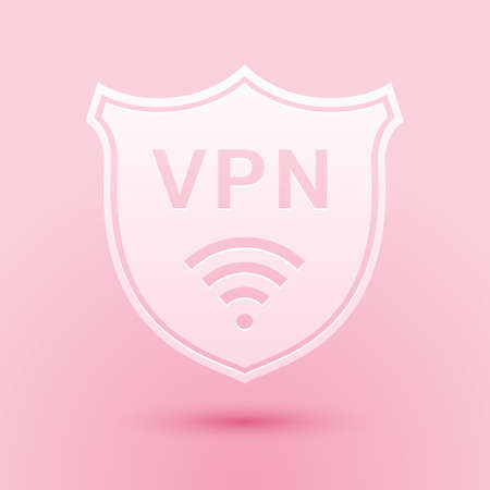 Paper cut Shield with VPN and WiFi wireless internet network icon isolated on pink background. VPN protect safety. Virtual private network for security. Paper art style. Vectorのイラスト素材