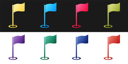 Set Golf flag icon isolated on black and white background. Golf equipment or accessory. Vectorのイラスト素材