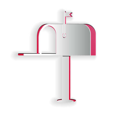 Paper cut Open mail box icon isolated on white background. Mailbox icon. Mail postbox on pole with flag. Paper art style. Vectorのイラスト素材