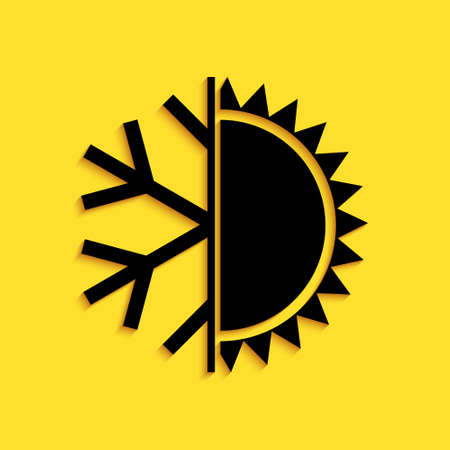 Black Hot and cold symbol. Sun and snowflake icon isolated on yellow background. Winter and summer symbol. Long shadow style. Vectorのイラスト素材