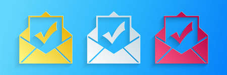 Paper cut Envelope with document and check mark icon isolated on blue background. Successful email delivery confirmation, successful verification concept. Paper art style. Vectorのイラスト素材