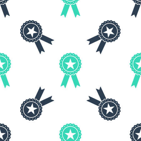 Green Award medal with star and ribbon icon isolated seamless pattern on white background. Winner achievement sign. Champion medal emblem. Success symbol. Vectorのイラスト素材