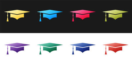 Set Graduation cap icon isolated on black and white background. Graduation hat with tassel icon. Vectorのイラスト素材