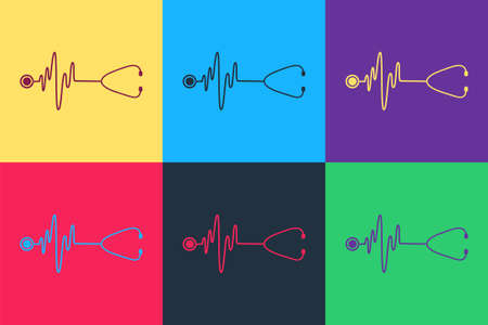 Pop art Stethoscope with a heart beat icon isolated on color background. Medical concept. Pulse care symbol. Vectorのイラスト素材