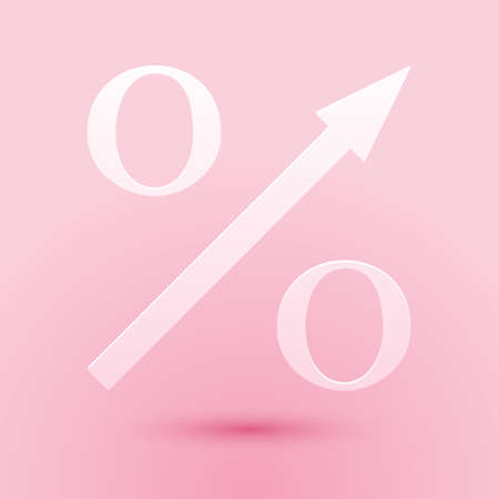 Paper cut Percent up arrow icon isolated on pink background. Increasing percentage sign. Paper art style. Vectorのイラスト素材