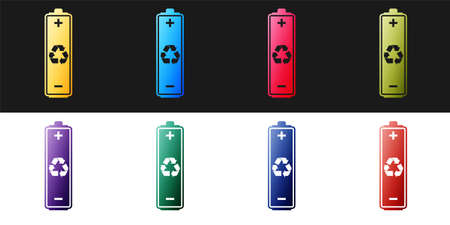 Set Battery with recycle symbol icon isolated on black and white background. Battery with recycling symbol - renewable energy concept. Vectorのイラスト素材